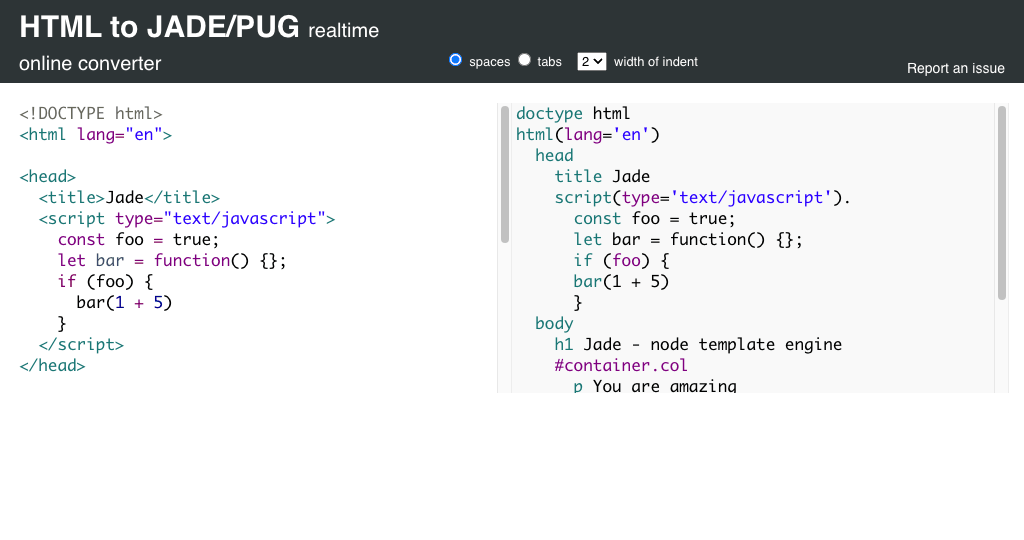 HTML2Jade - HTML to Jade/Pug Online Realtime Converter