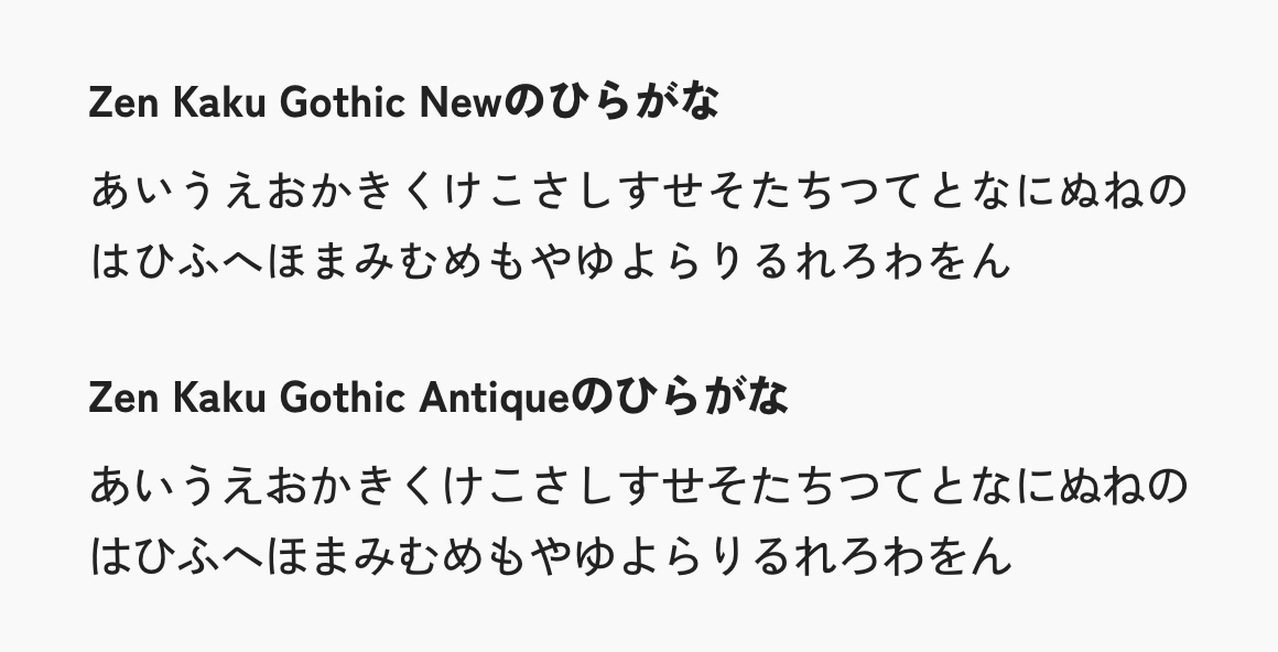 Zen Kaku Gothic NewのひらがなとZen Kaku Gothic Antiqueのひらがなの違い